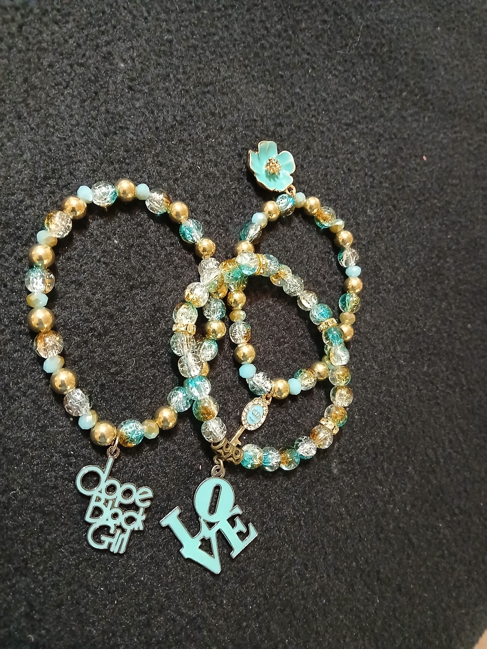Aqua & Gold Beaded Charm Bracelet Set with LOVE and Playful Charm